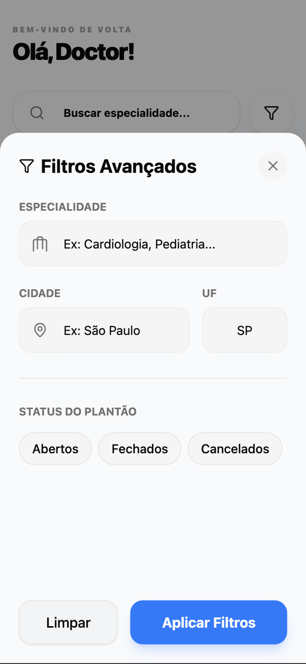 Filtros de plantões no app