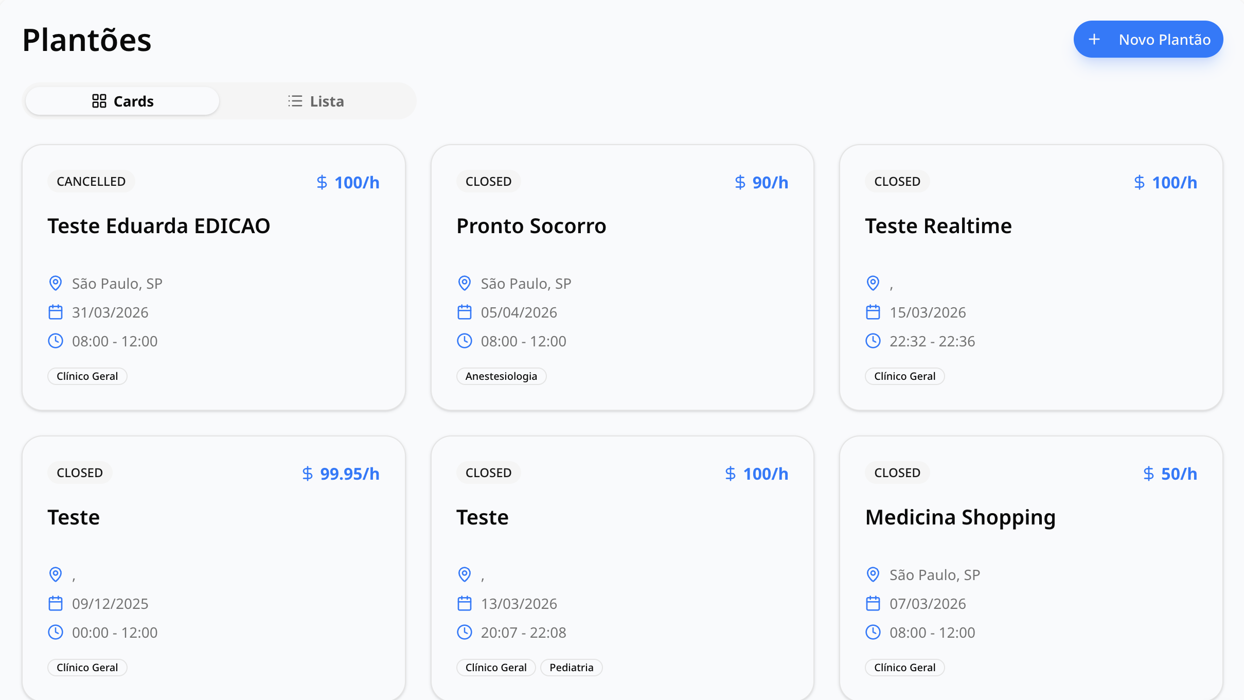 Página de plantões no web
